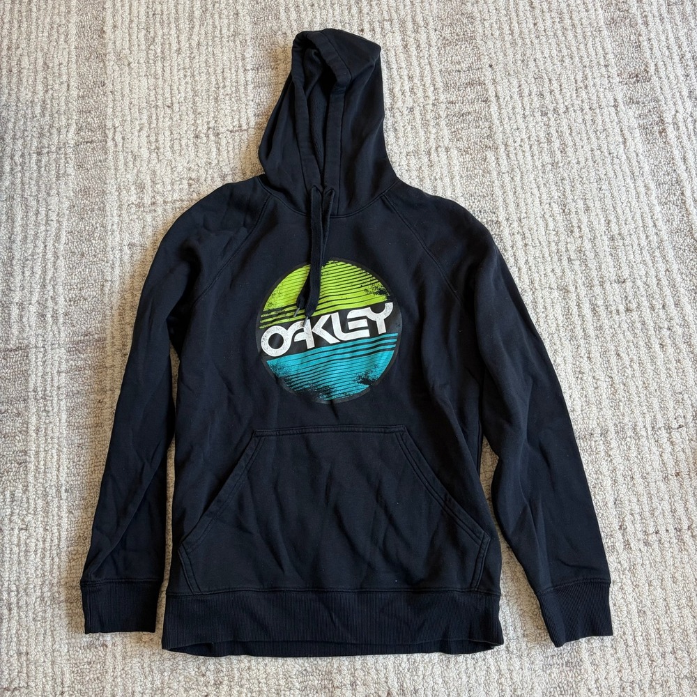Oakley Mens Hoodie Black Graphic Logo Pullover Sweatshirt Neon Green Teal Small